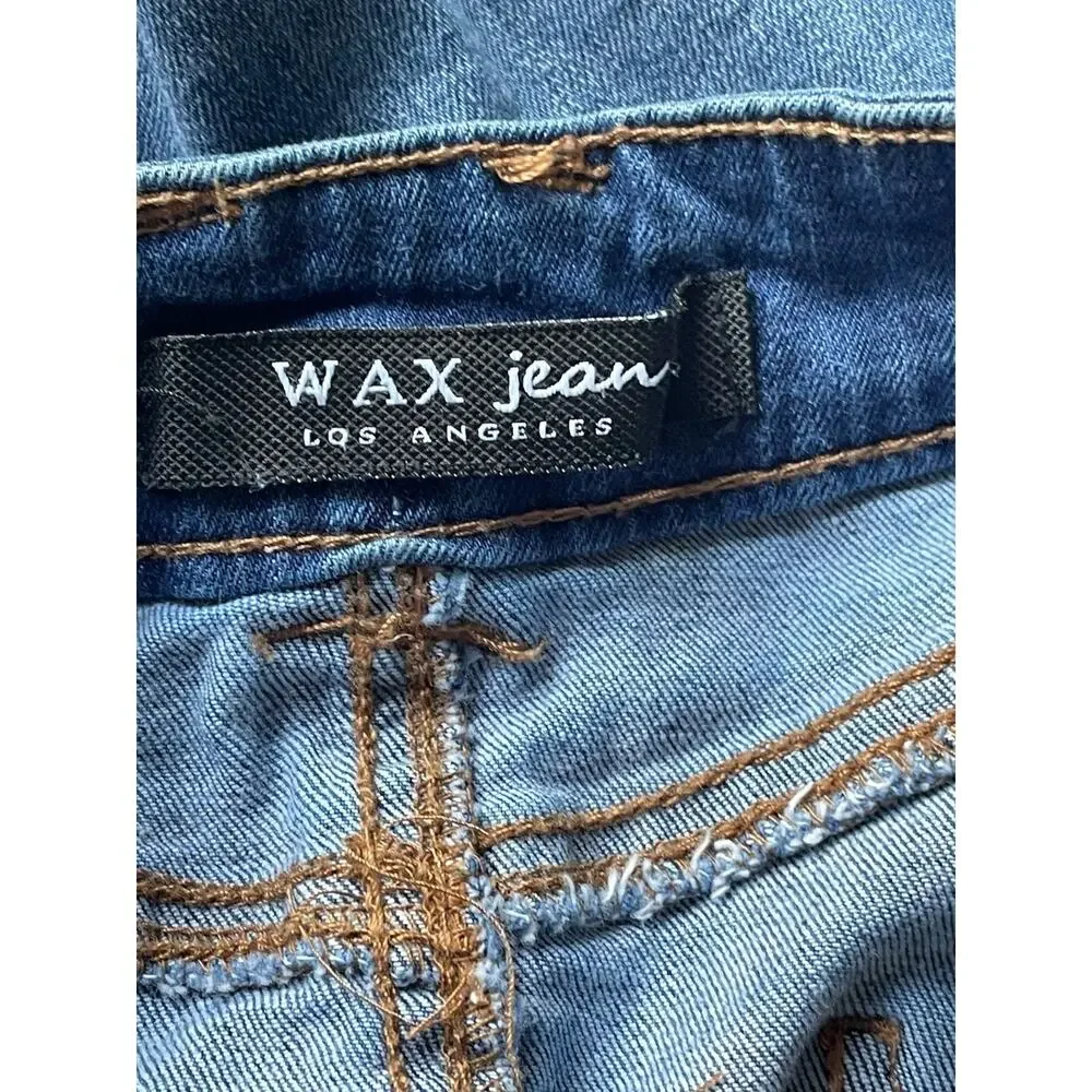 Wax Jean Distressed Mini Denim Skirt Womens Size L Blue Frayed Raw Hem Stretchy - Picture 6 of 8